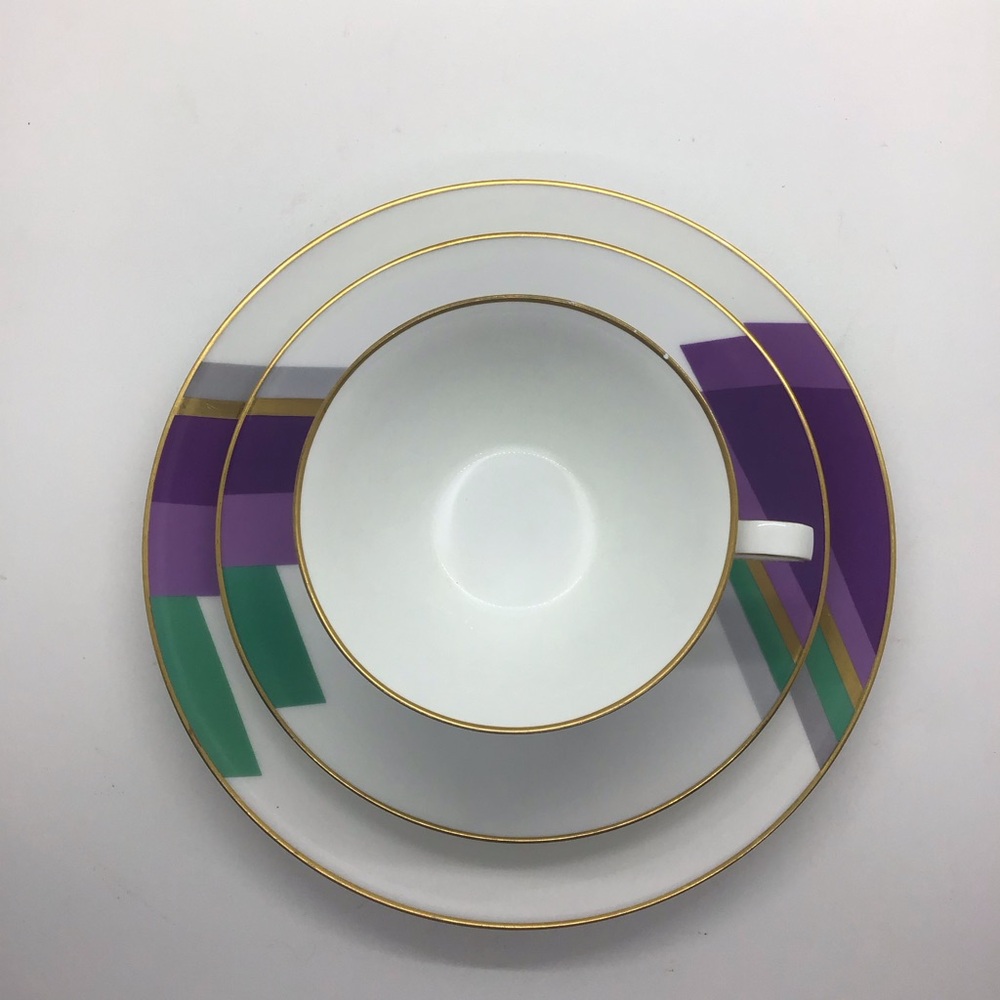 Rare Art Deco Okura Art China Teacup Saucer & Snack Plate Purple & Green Gold